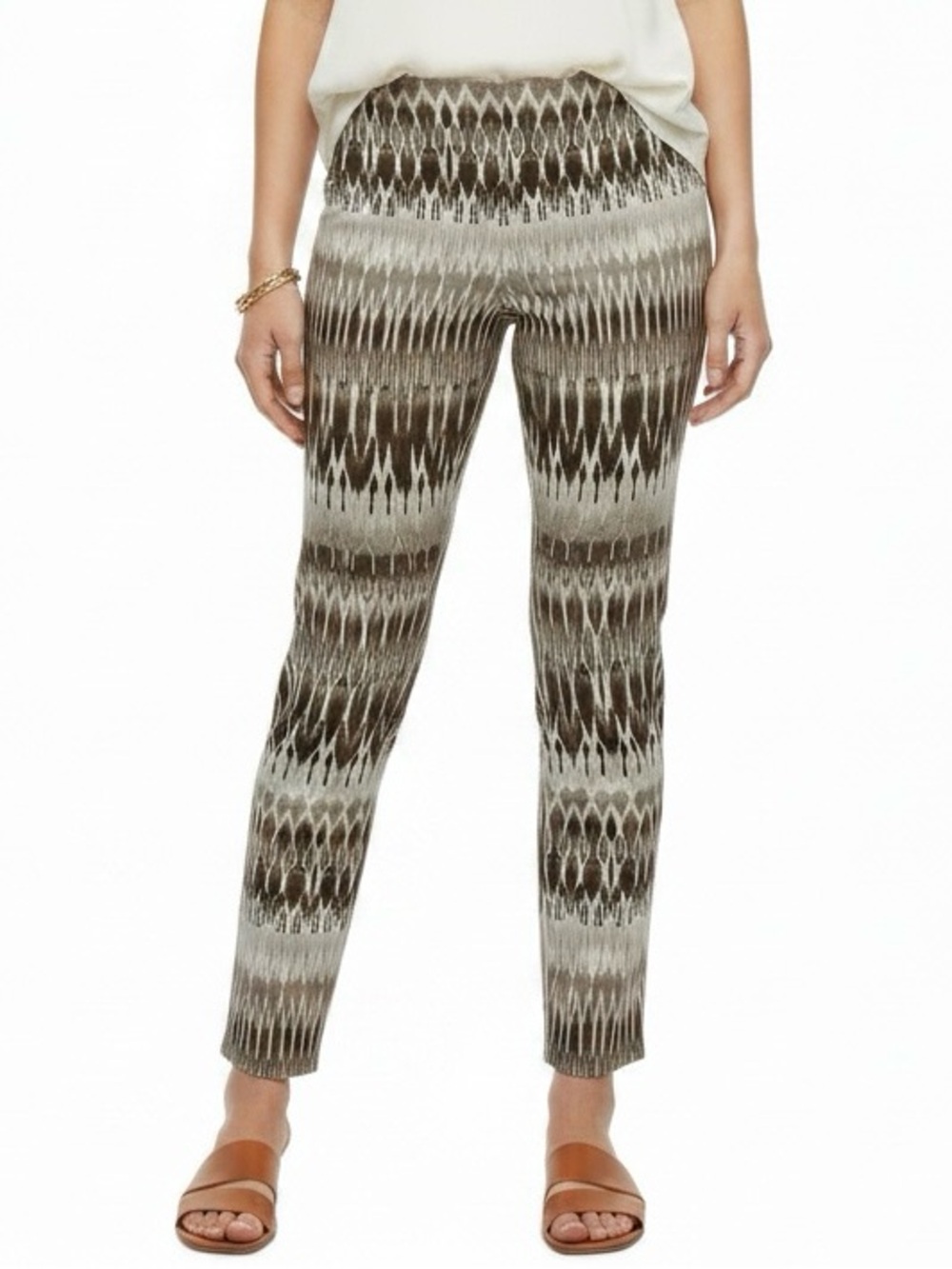 Chico's Olive & Cream Patterned Pull-On Ankle Pants
